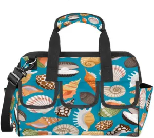Tourism Sea Shells Pattern Tool Bag for Men Women Heavy Duty Multi-Pockets Wide Mouth Tool Tote Waterproof Tool Bag Organizer with Adjustable Shoulder Strap