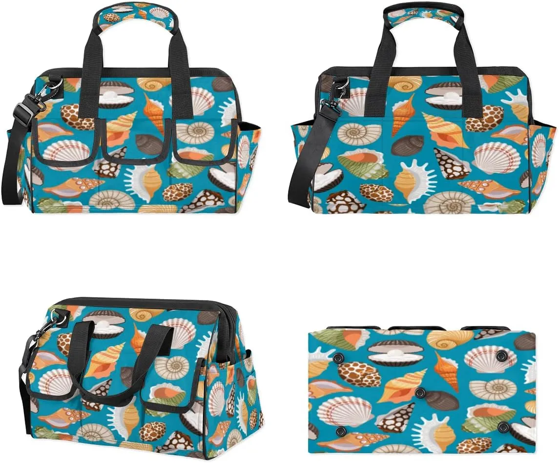 Tourism Sea Shells Pattern Tool Bag for Men Women Heavy Duty Multi-Pockets Wide Mouth Tool Tote Waterproof Tool Bag Organizer with Adjustable Shoulder Strap