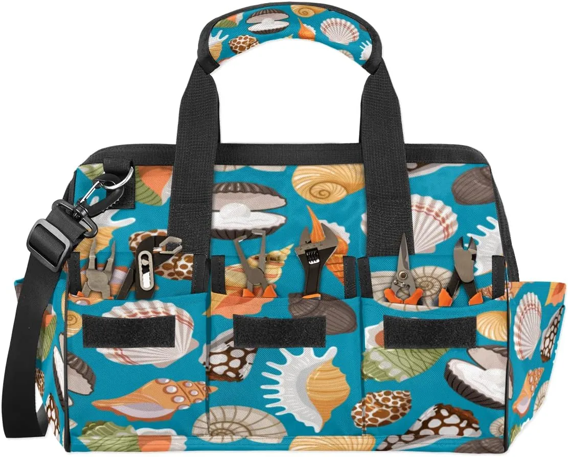 Tourism Sea Shells Pattern Tool Bag for Men Women Heavy Duty Multi-Pockets Wide Mouth Tool Tote Waterproof Tool Bag Organizer with Adjustable Shoulder Strap
