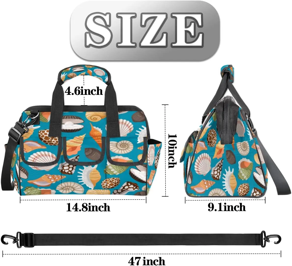 Tourism Sea Shells Pattern Tool Bag for Men Women Heavy Duty Multi-Pockets Wide Mouth Tool Tote Waterproof Tool Bag Organizer with Adjustable Shoulder Strap