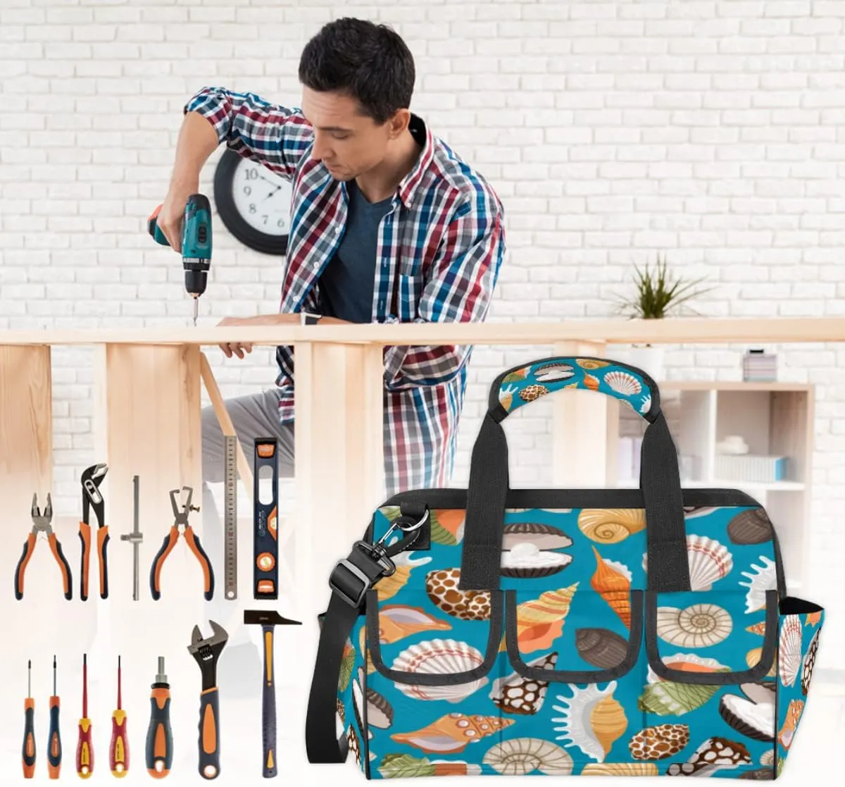 Tourism Sea Shells Pattern Tool Bag for Men Women Heavy Duty Multi-Pockets Wide Mouth Tool Tote Waterproof Tool Bag Organizer with Adjustable Shoulder Strap