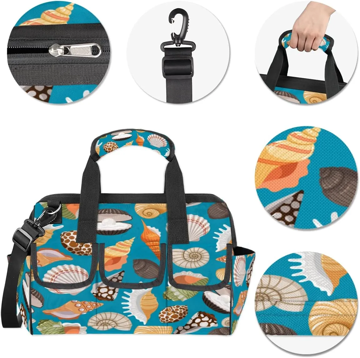 Tourism Sea Shells Pattern Tool Bag for Men Women Heavy Duty Multi-Pockets Wide Mouth Tool Tote Waterproof Tool Bag Organizer with Adjustable Shoulder Strap