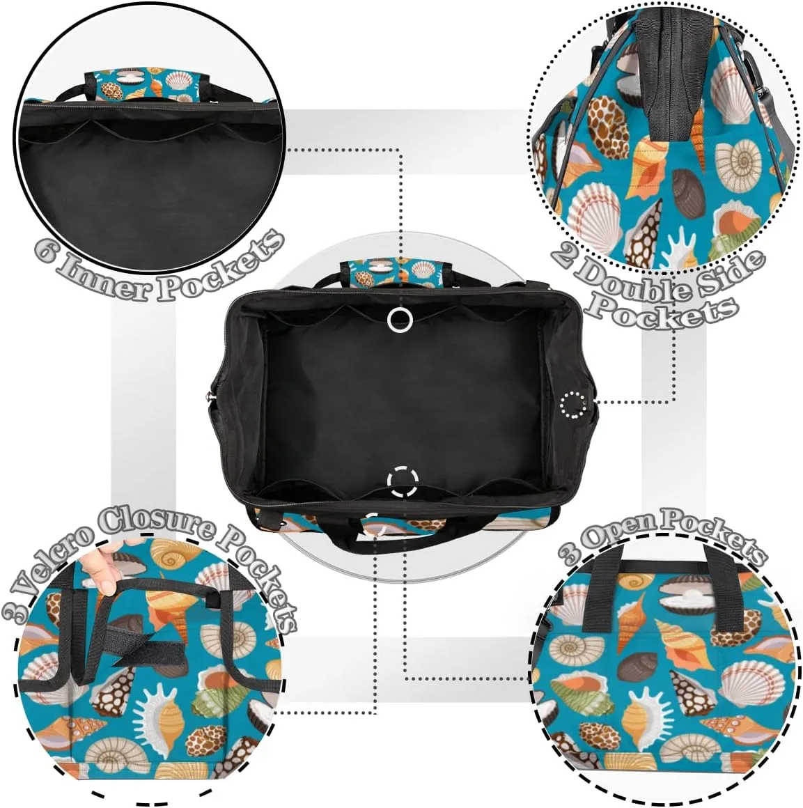 Tourism Sea Shells Pattern Tool Bag for Men Women Heavy Duty Multi-Pockets Wide Mouth Tool Tote Waterproof Tool Bag Organizer with Adjustable Shoulder Strap