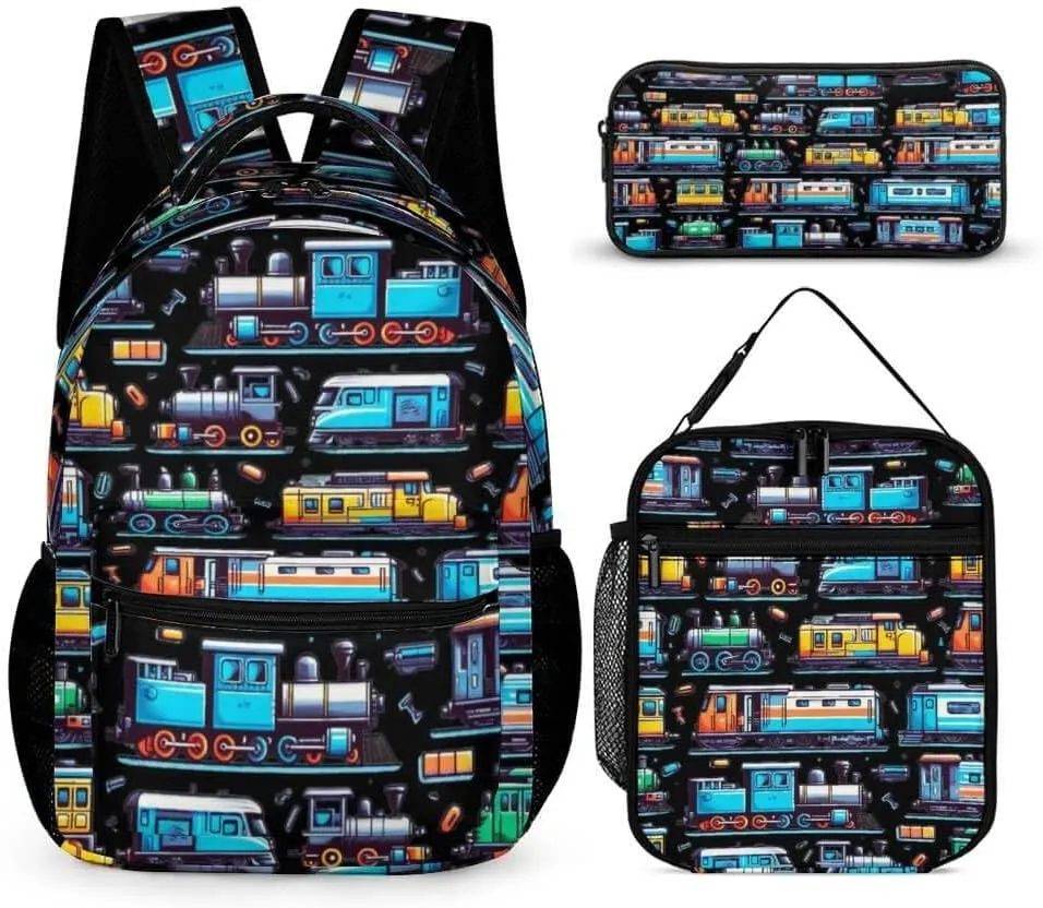 Train Backpack with Lunch Box & Pencil Case for Kids Girls Boys School, 16 Inch Cute Train Bookbag, School Backpack for Students Children, Lightweight, Large Capacity