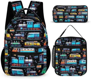Train Backpack with Lunch Box & Pencil Case for Kids Girls Boys School, 16 Inch Cute Train Bookbag, School Backpack for Students Children, Lightweight, Large Capacity