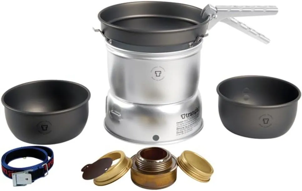 Trangia - 27-7 Ultralight Hard Anodized Camping Cookset | Includes: Alcohol Stove, 2 HA Pots, HA Frypan, Upper & Lower Windshield, Pot Gripper, & Strap