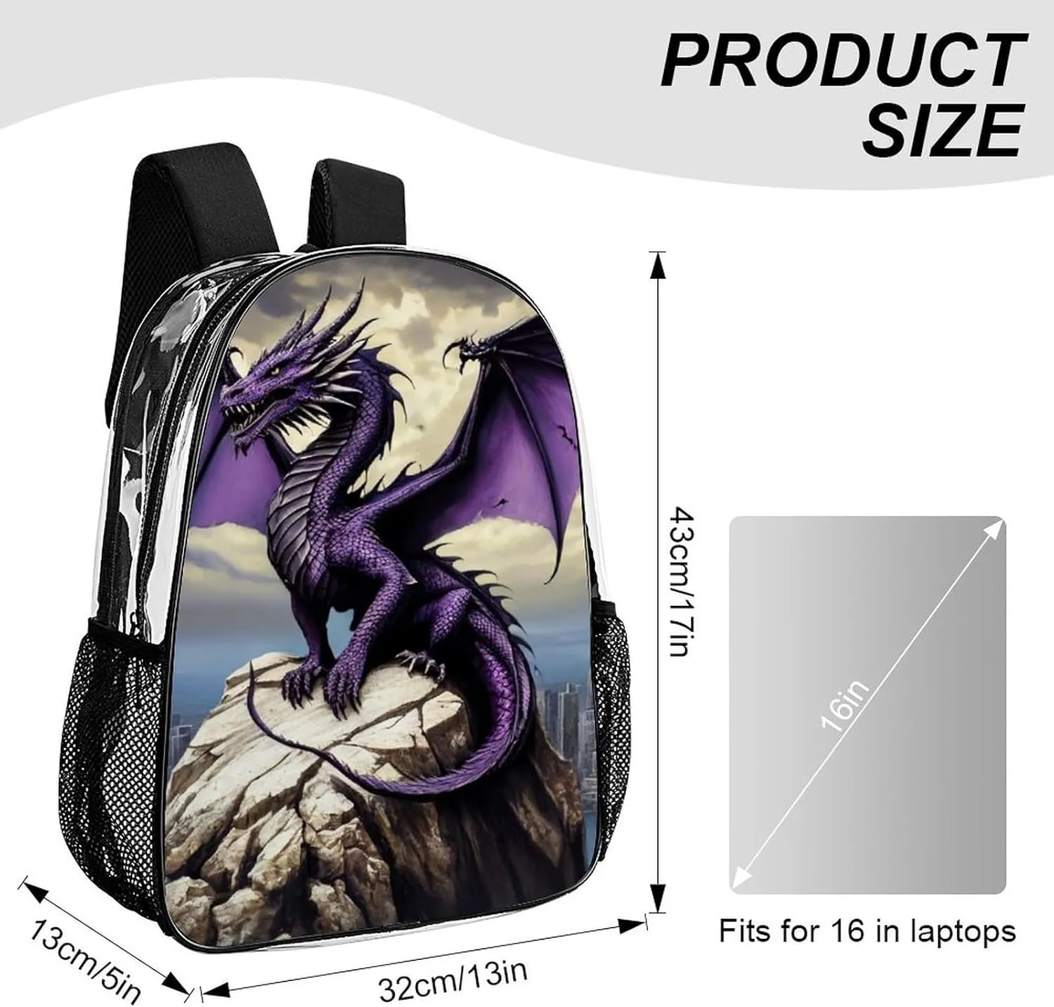Transparent Daypack Backpack for Trekking Picnic Walking Cycling - Large Capacity Anti-Theft Multipurpose Shoulder Bag, Cool Fierce Evil Dragon King Casual Daypack