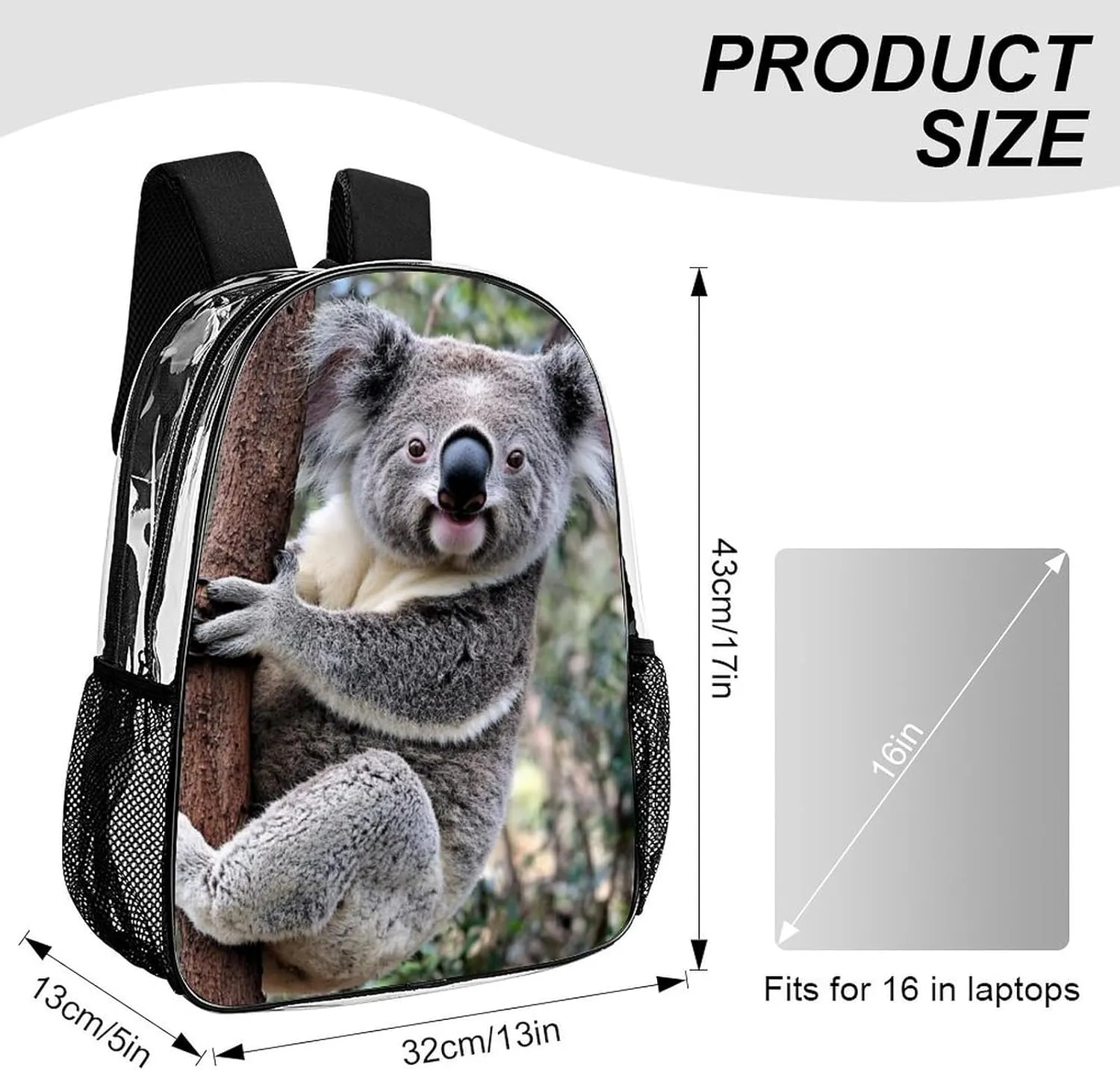 Transparent Daypack Backpack for Trekking Picnic Walking Cycling - Large Capacity Anti-Theft Multipurpose Shoulder Bag, Cute Koala Bear Casual Daypack