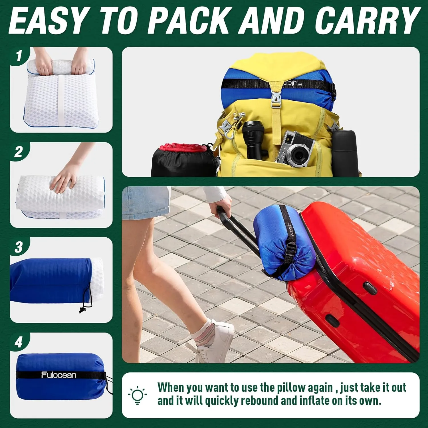 Travel & Camping Cooling Memory Foam Pillow for Backpacking &Airplanes &Beach, Medium Firm Small Camp Bed Pillow for Car Sleeping,Toddler, Breathable Washable Cover, Neck Support Portable Compressible