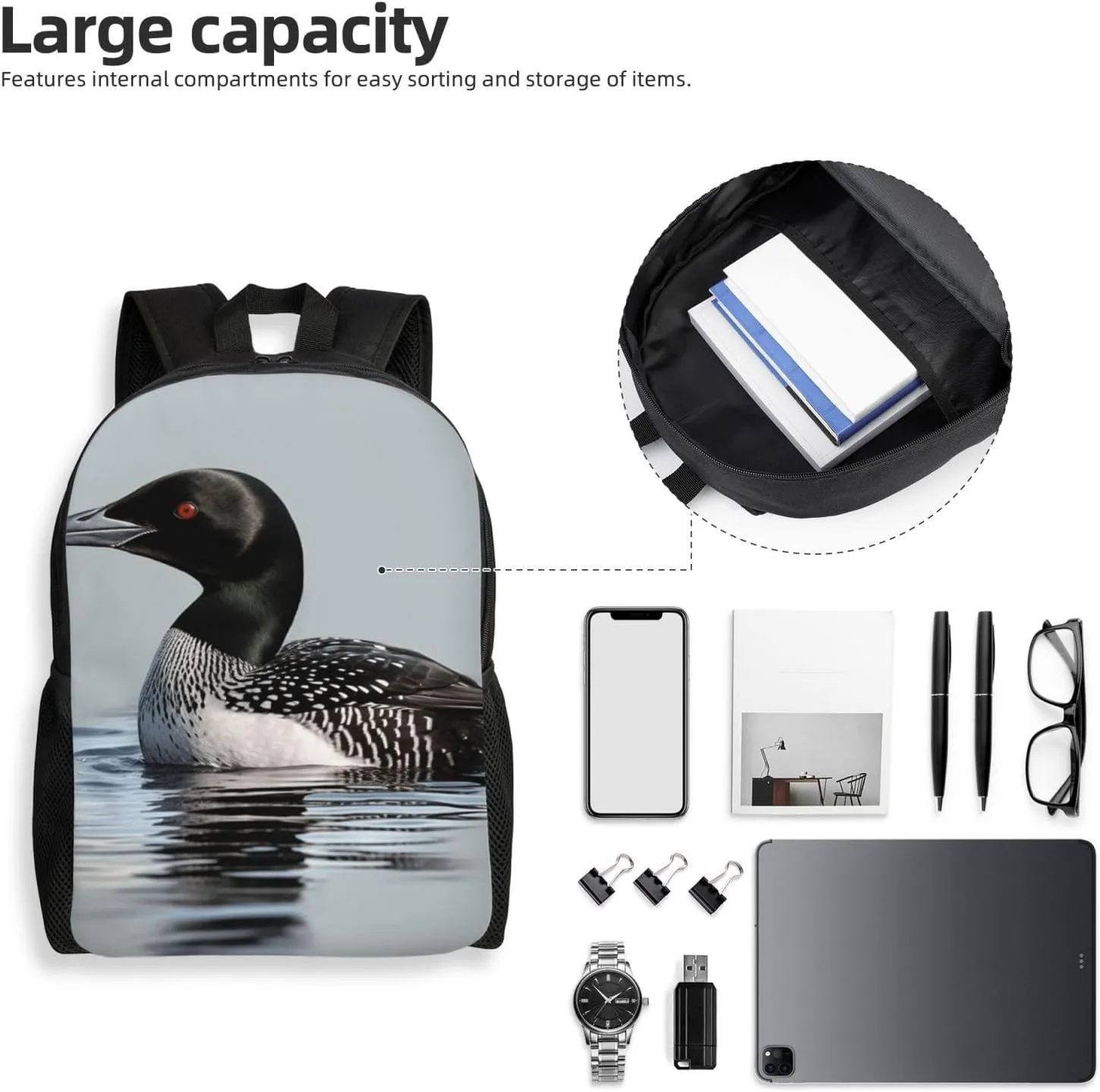 Travel Backpack for Women Men Lightweight 17 inch Laptop Bag Loon Nature Bird Backpack Casual Daypack
