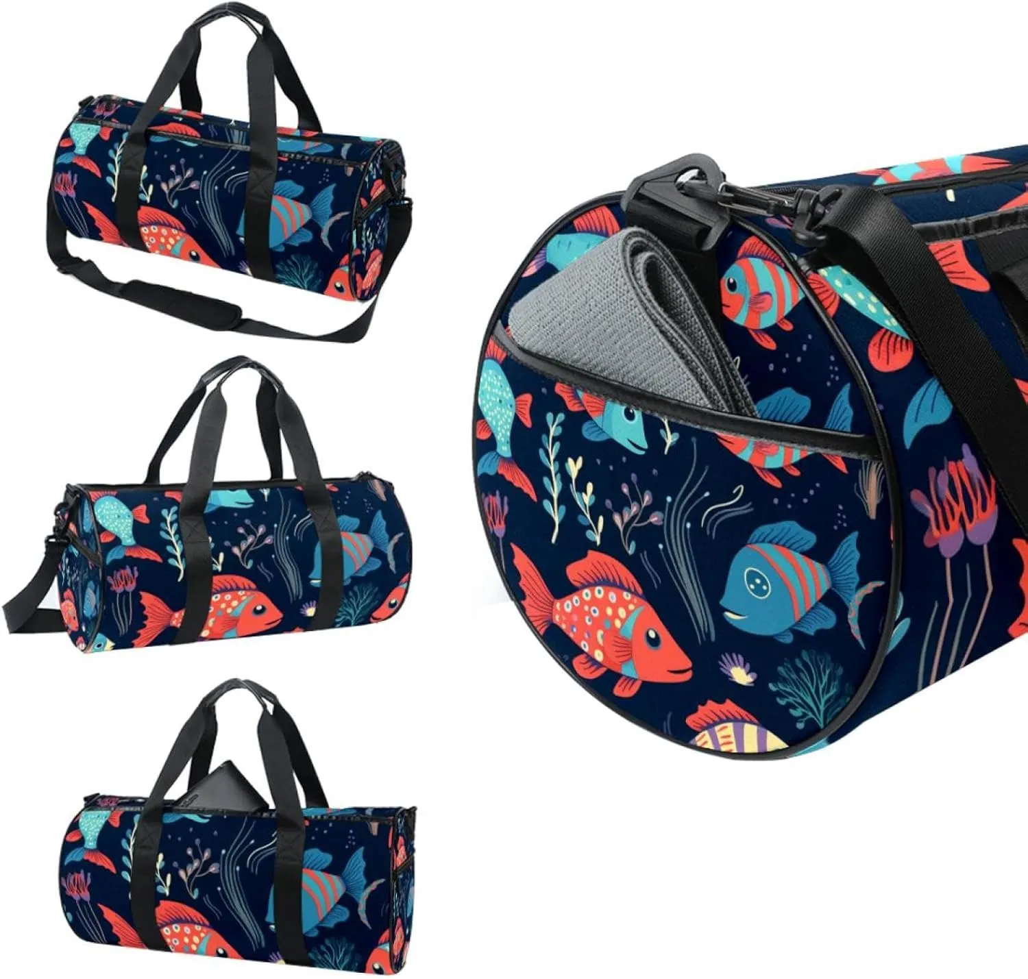 Travel Bag,Mens Gym Bag,Womens Gym Bag,Colorful Floral Blue Sea Fish,Sports Bag