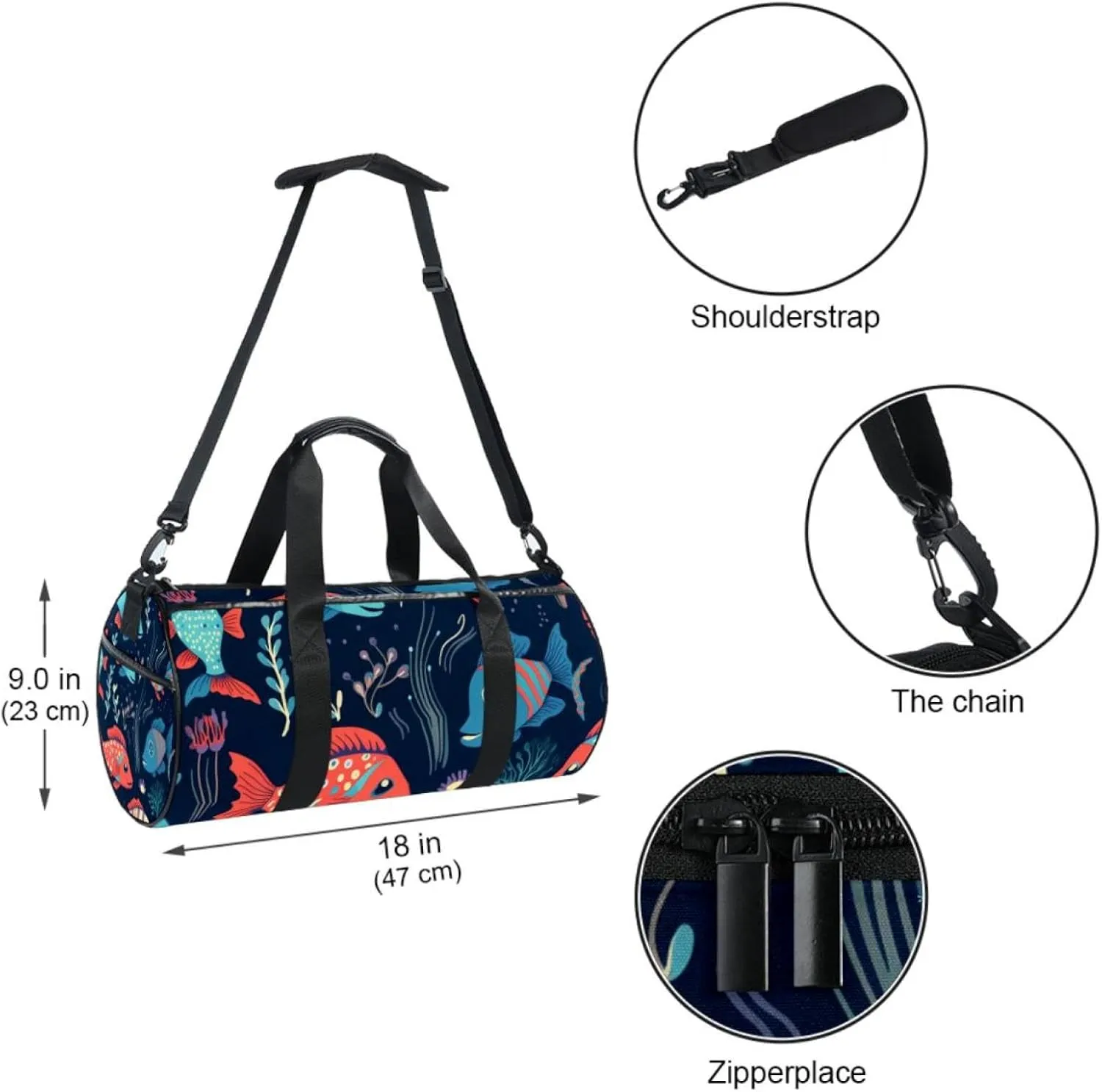 Travel Bag,Mens Gym Bag,Womens Gym Bag,Colorful Floral Blue Sea Fish,Sports Bag