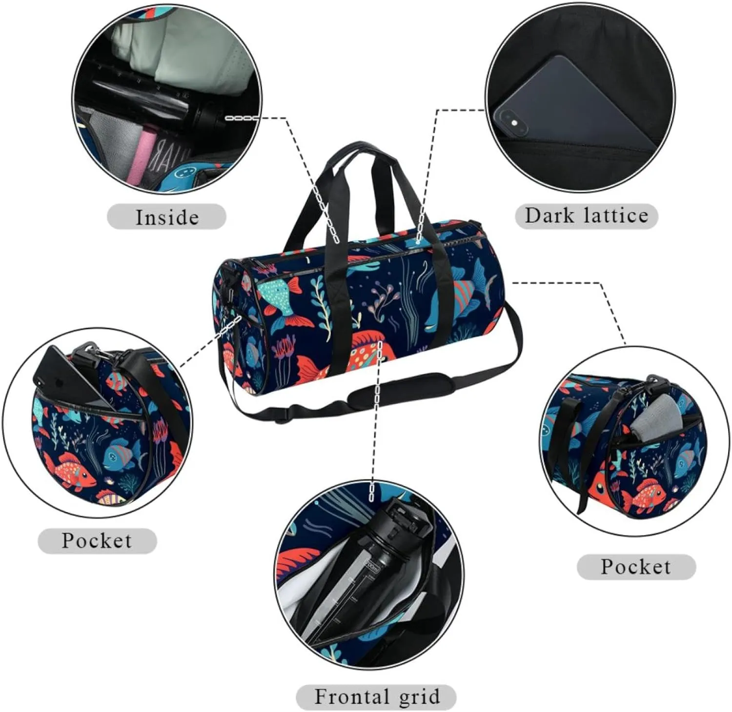 Travel Bag,Mens Gym Bag,Womens Gym Bag,Colorful Floral Blue Sea Fish,Sports Bag