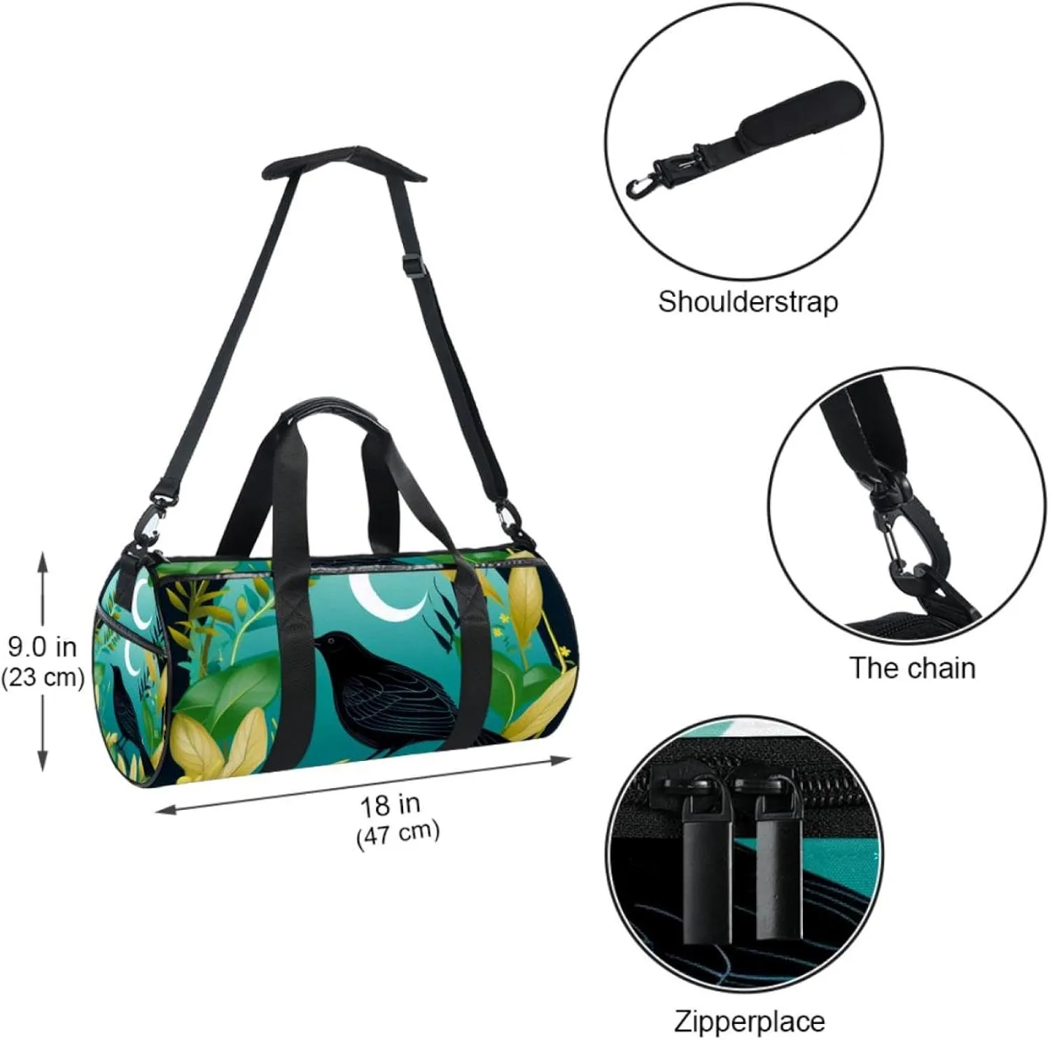 Travel Bag,Mens Gym Bag,Womens Gym Bag,Crow Bird Feather Leaves,Sports Bag
