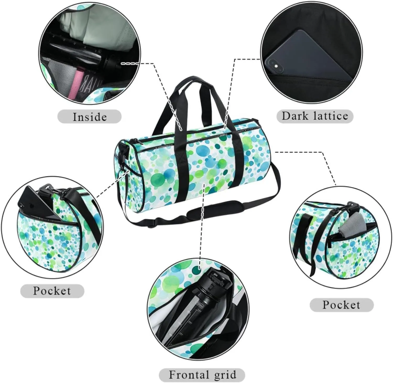 Travel Bag,Mens Gym Bag,Womens Gym Bag,Watercolor Blue Green Dots,Sports Bag