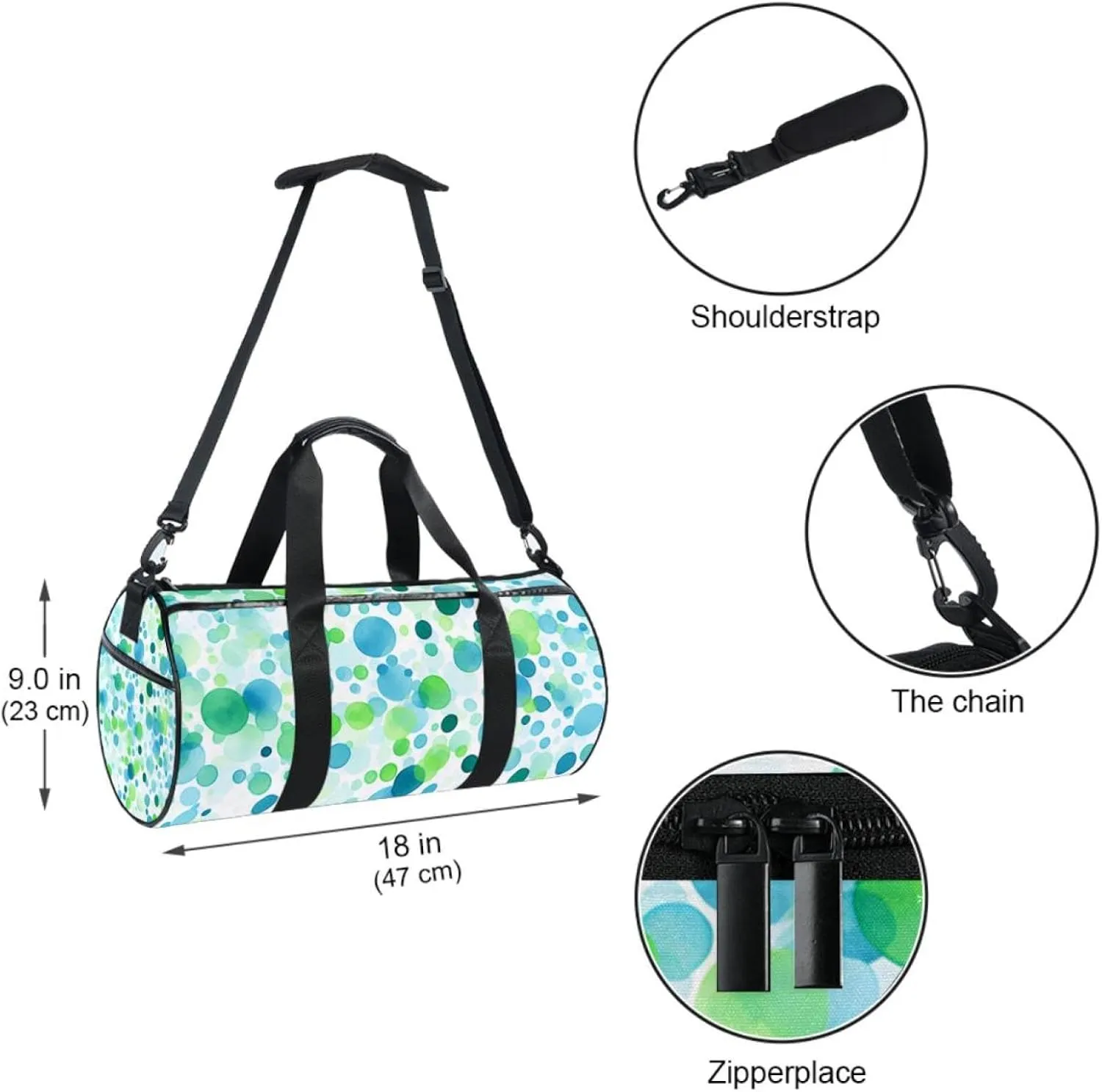 Travel Bag,Mens Gym Bag,Womens Gym Bag,Watercolor Blue Green Dots,Sports Bag