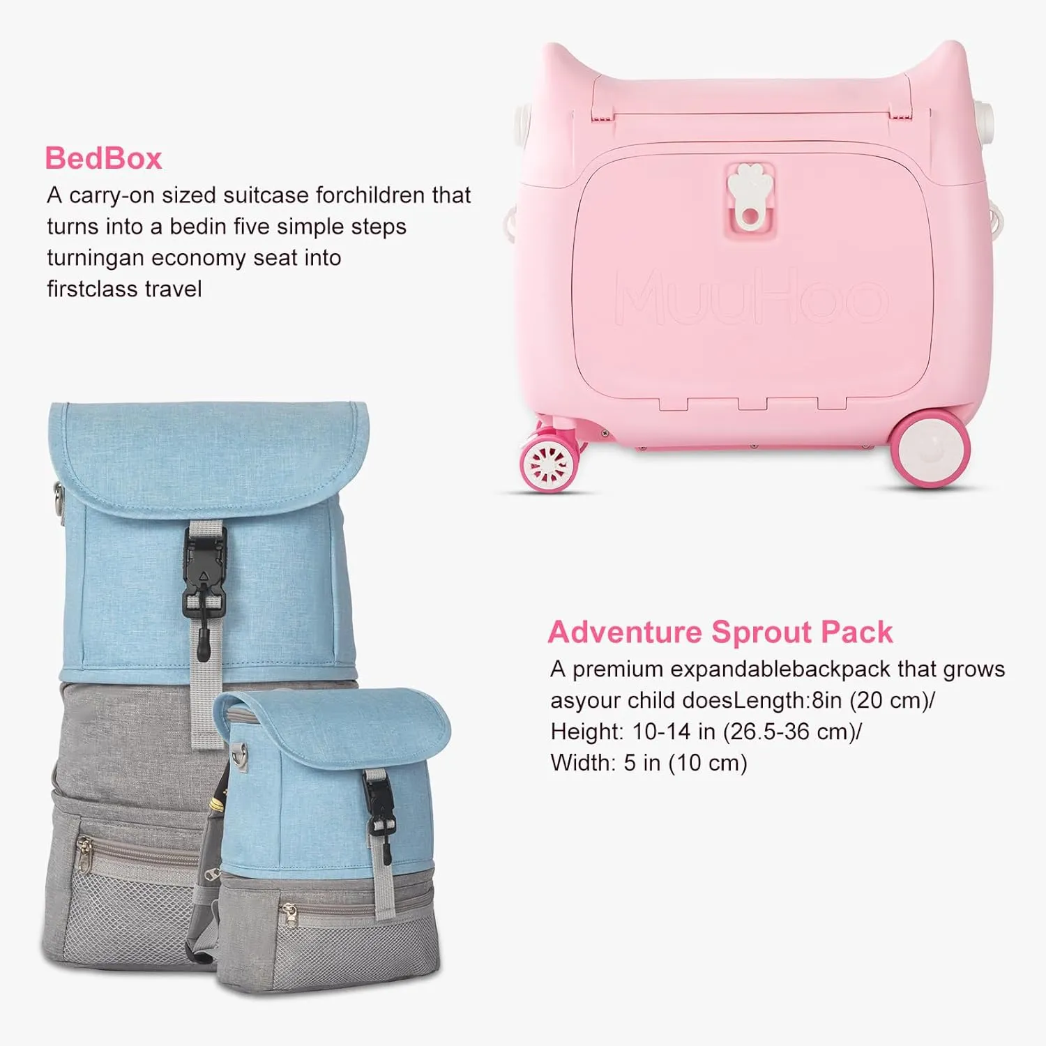 Travel Bundle, Includes Kid's Ride-On Suitcase & In-Flight Bed; Adjustable, Lightweight Crew BackPack - Approved by Many Airlines - Best for Ages 3-7 (Pink)