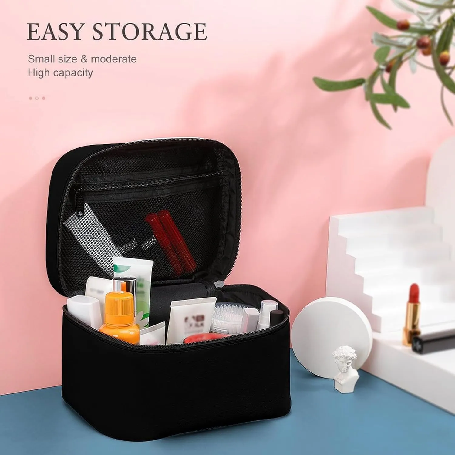 Travel Makeup Bag, Minimalist Solid Black Cosmetic Bags for Women Large Capacity Waterproof Toiletry Bag Make up Organizer