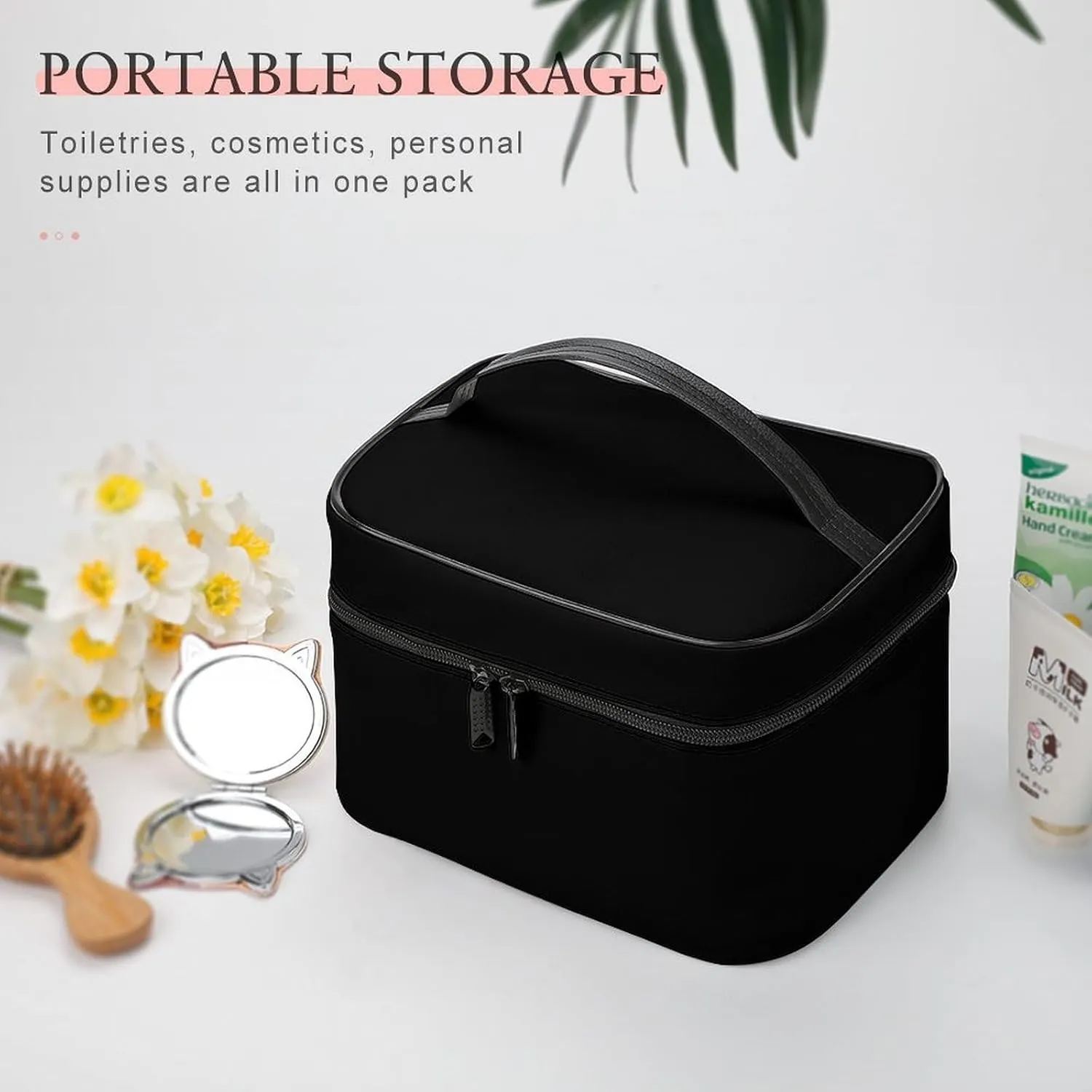 Travel Makeup Bag, Minimalist Solid Black Cosmetic Bags for Women Large Capacity Waterproof Toiletry Bag Make up Organizer