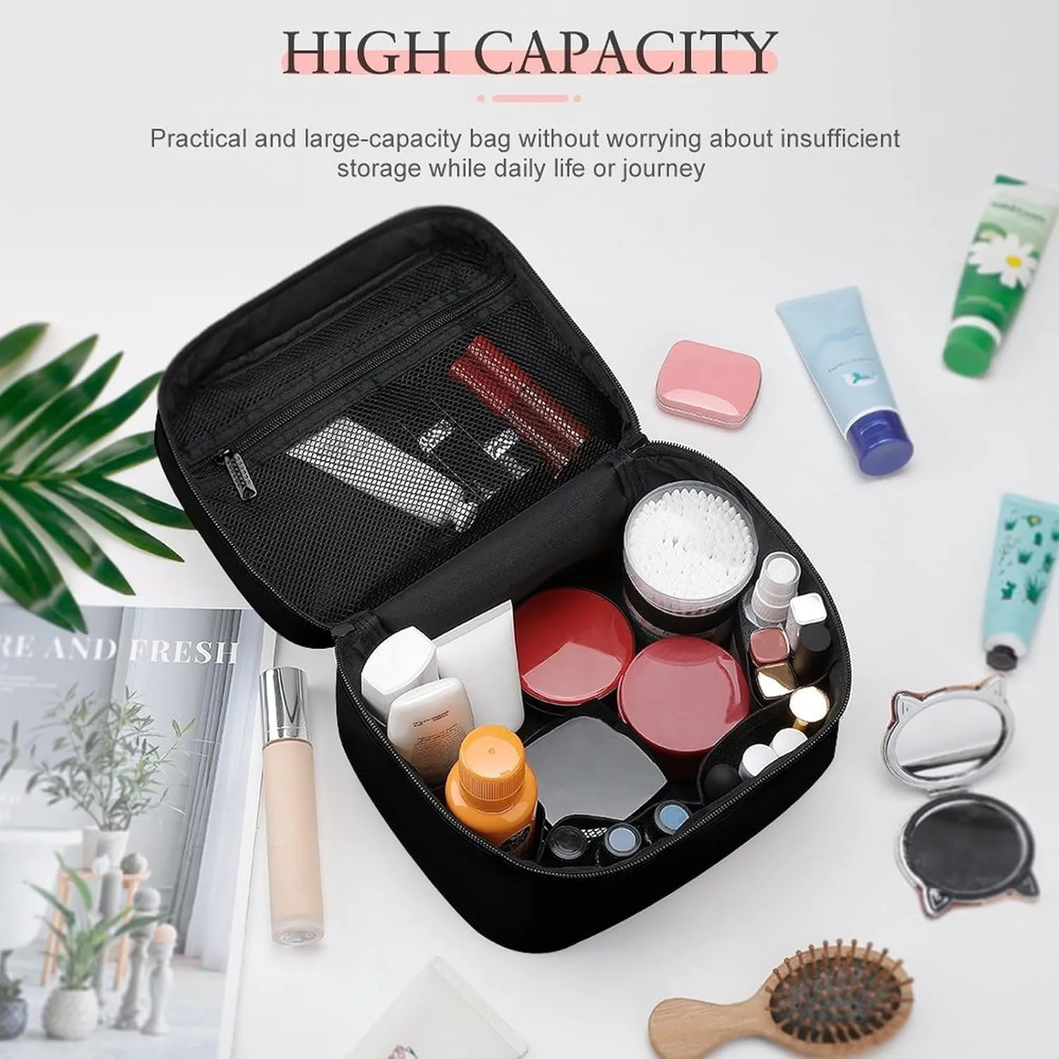 Travel Makeup Bag, Minimalist Solid Black Cosmetic Bags for Women Large Capacity Waterproof Toiletry Bag Make up Organizer
