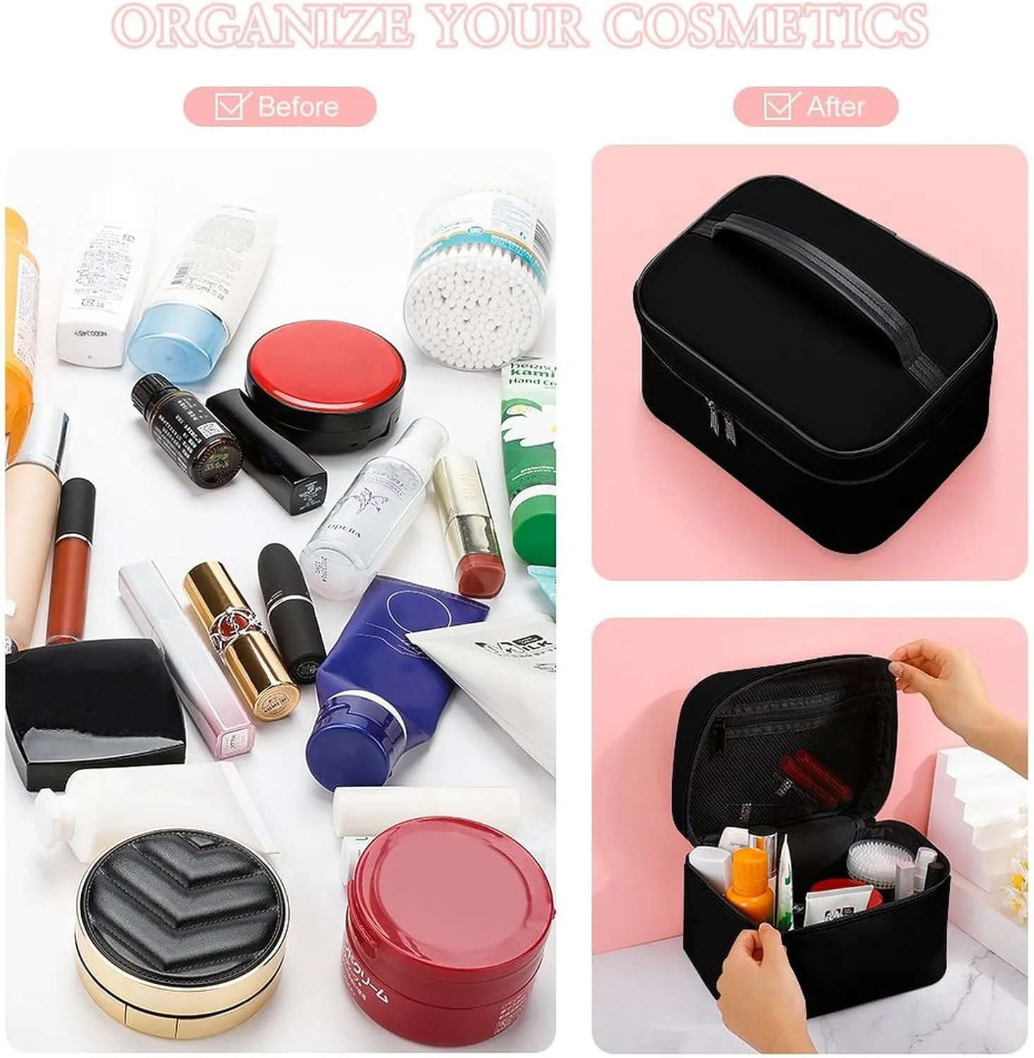 Travel Makeup Bag, Minimalist Solid Black Cosmetic Bags for Women Large Capacity Waterproof Toiletry Bag Make up Organizer
