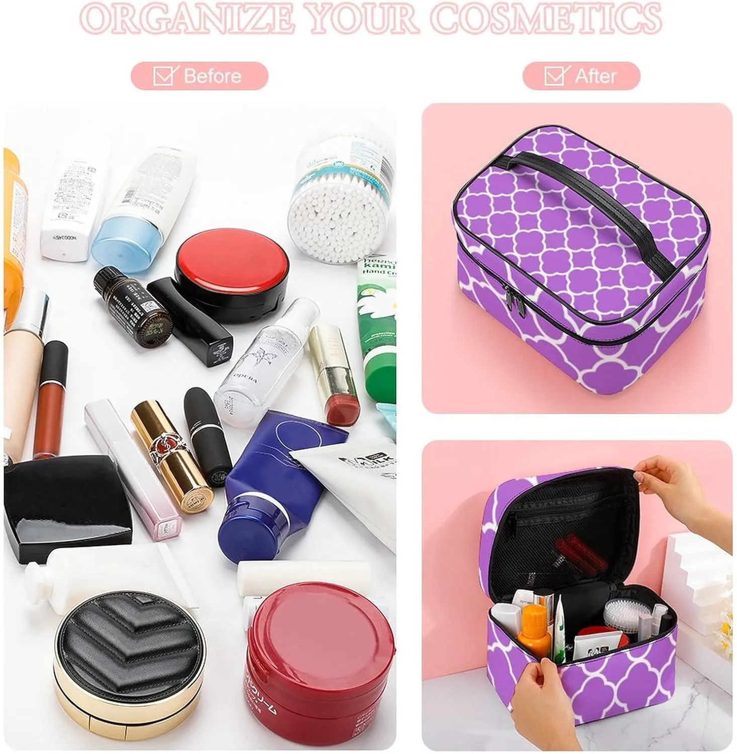 Travel Makeup Bag, Quatrefoil Lilac Purple White Cosmetic Bags for Women Large Capacity Waterproof Toiletry Bag Make up Organizer