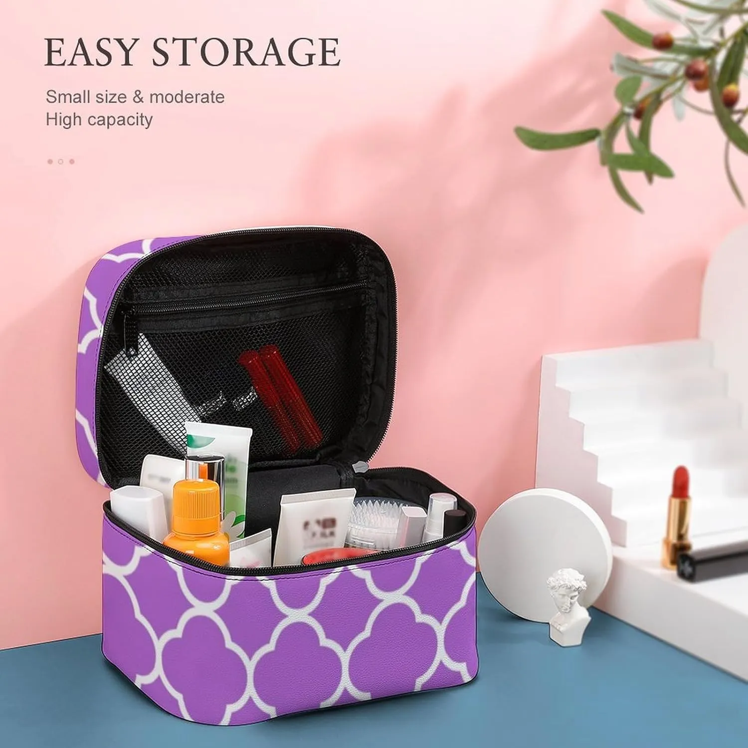 Travel Makeup Bag, Quatrefoil Lilac Purple White Cosmetic Bags for Women Large Capacity Waterproof Toiletry Bag Make up Organizer