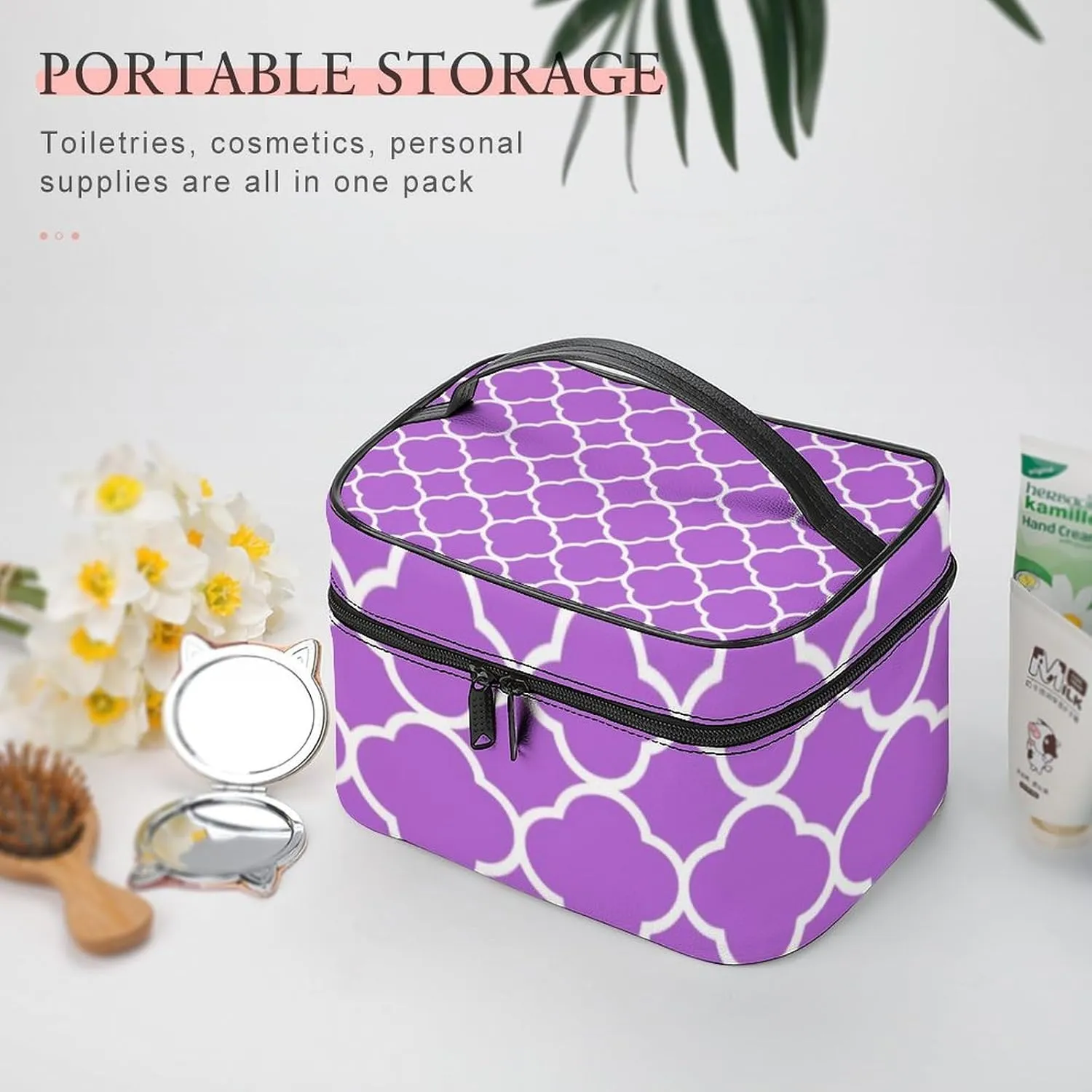 Travel Makeup Bag, Quatrefoil Lilac Purple White Cosmetic Bags for Women Large Capacity Waterproof Toiletry Bag Make up Organizer