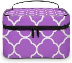 Travel Makeup Bag, Quatrefoil Lilac Purple White Cosmetic Bags for Women Large Capacity Waterproof Toiletry Bag Make up Organizer