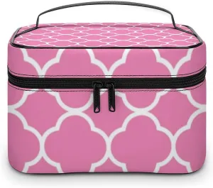 Travel Makeup Bag, Quatrefoil Pink White Cosmetic Bags for Women Large Capacity Waterproof Toiletry Bag Make up Organizer