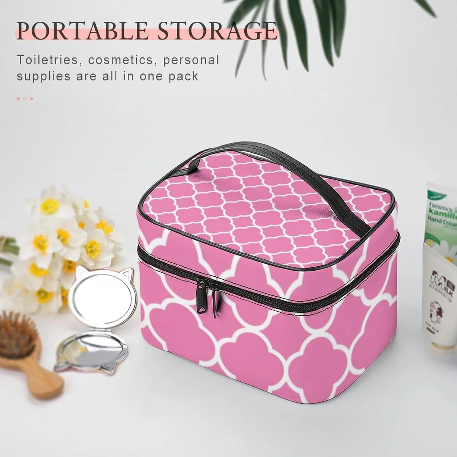 Travel Makeup Bag, Quatrefoil Pink White Cosmetic Bags for Women Large Capacity Waterproof Toiletry Bag Make up Organizer