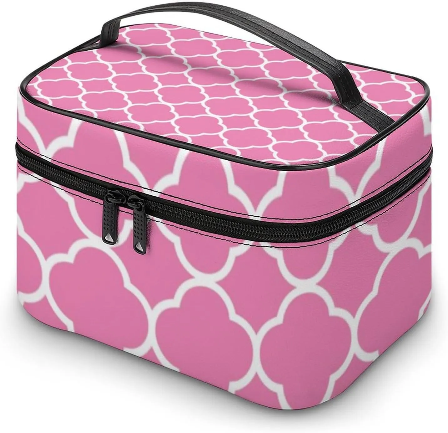 Travel Makeup Bag, Quatrefoil Pink White Cosmetic Bags for Women Large Capacity Waterproof Toiletry Bag Make up Organizer