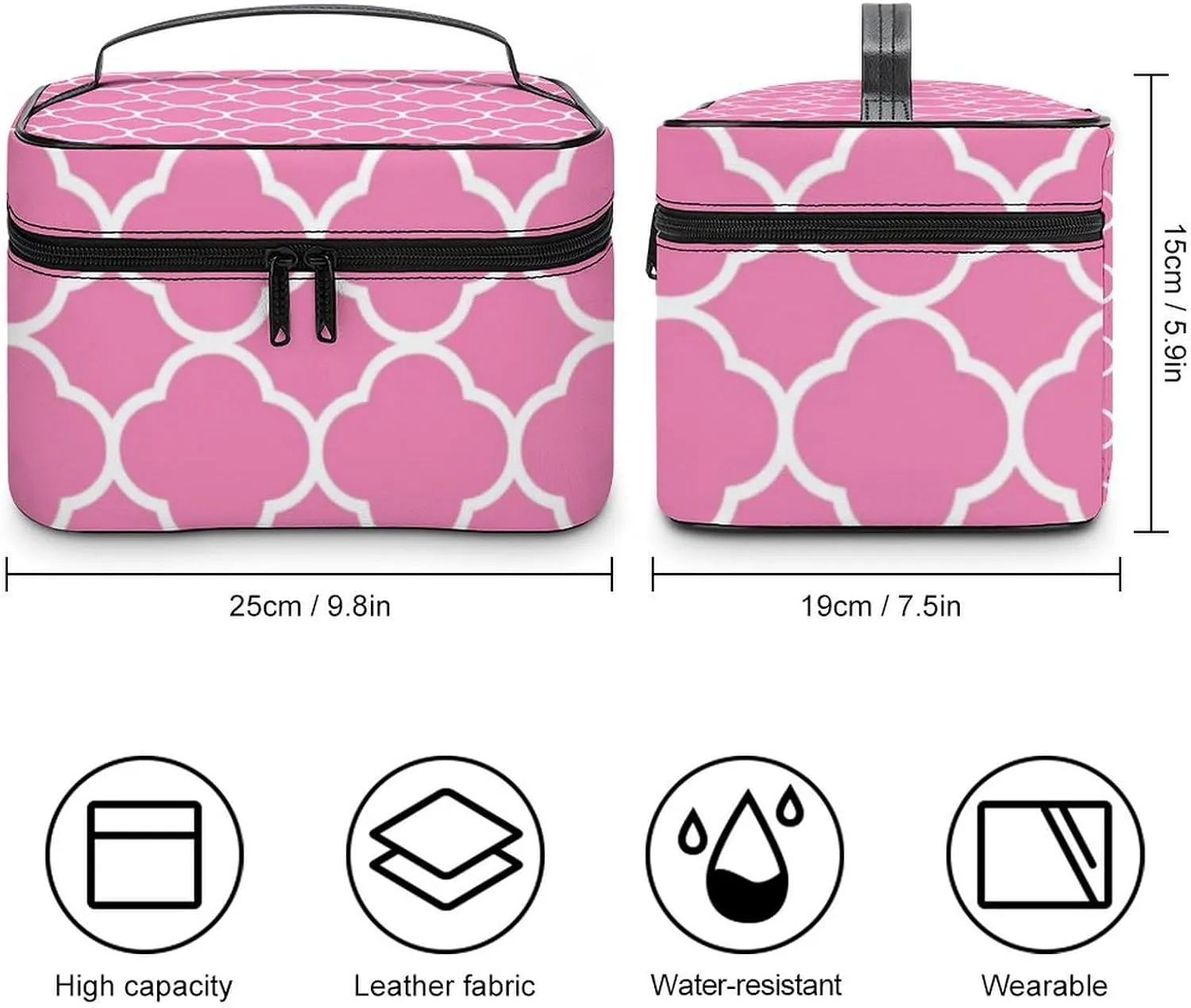 Travel Makeup Bag, Quatrefoil Pink White Cosmetic Bags for Women Large Capacity Waterproof Toiletry Bag Make up Organizer