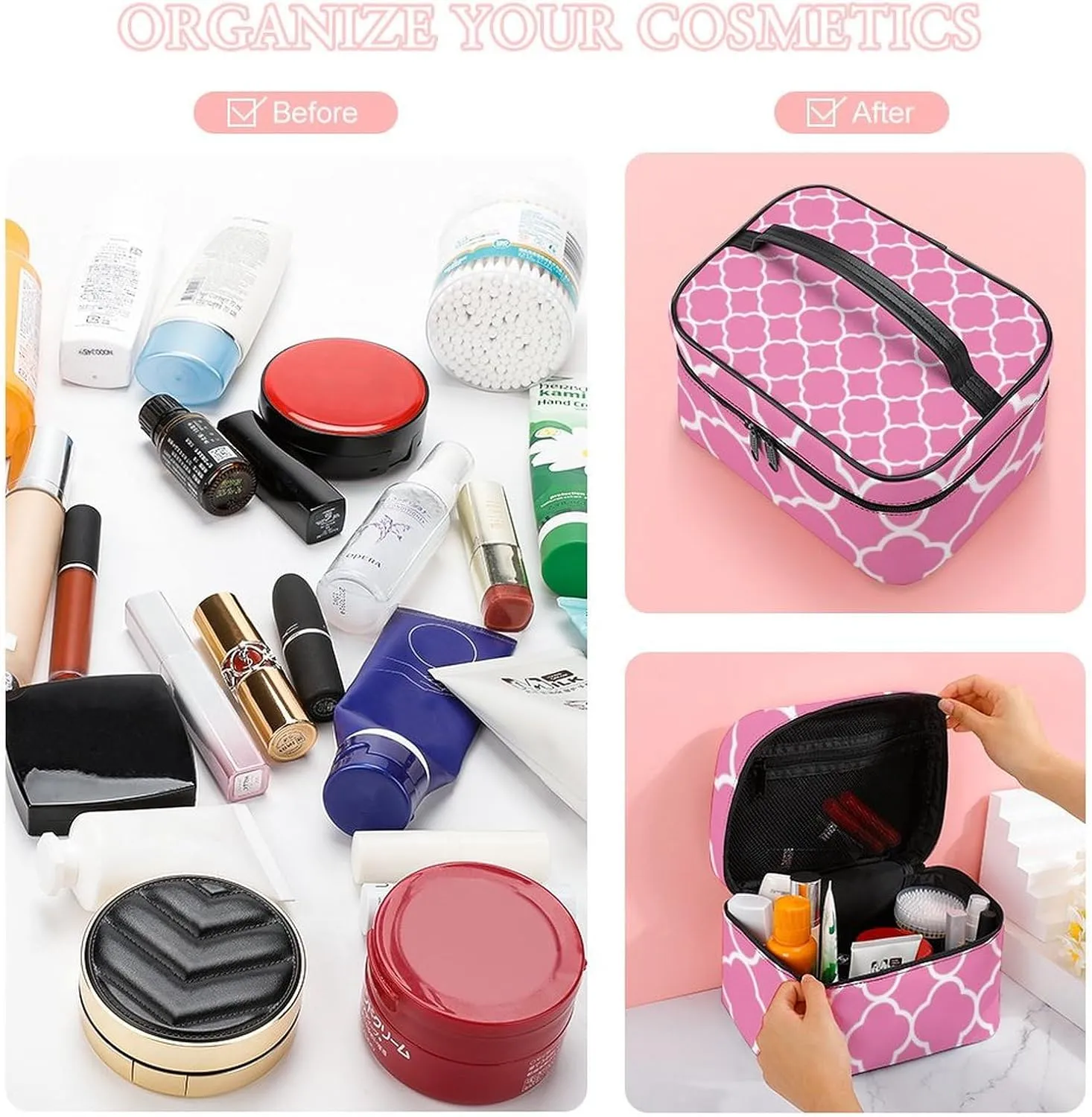 Travel Makeup Bag, Quatrefoil Pink White Cosmetic Bags for Women Large Capacity Waterproof Toiletry Bag Make up Organizer