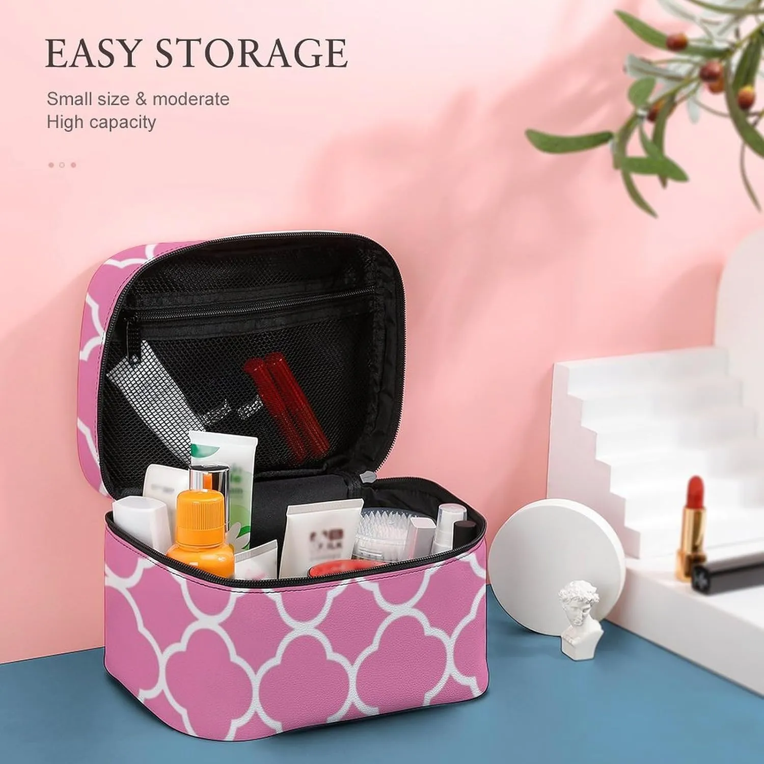 Travel Makeup Bag, Quatrefoil Pink White Cosmetic Bags for Women Large Capacity Waterproof Toiletry Bag Make up Organizer