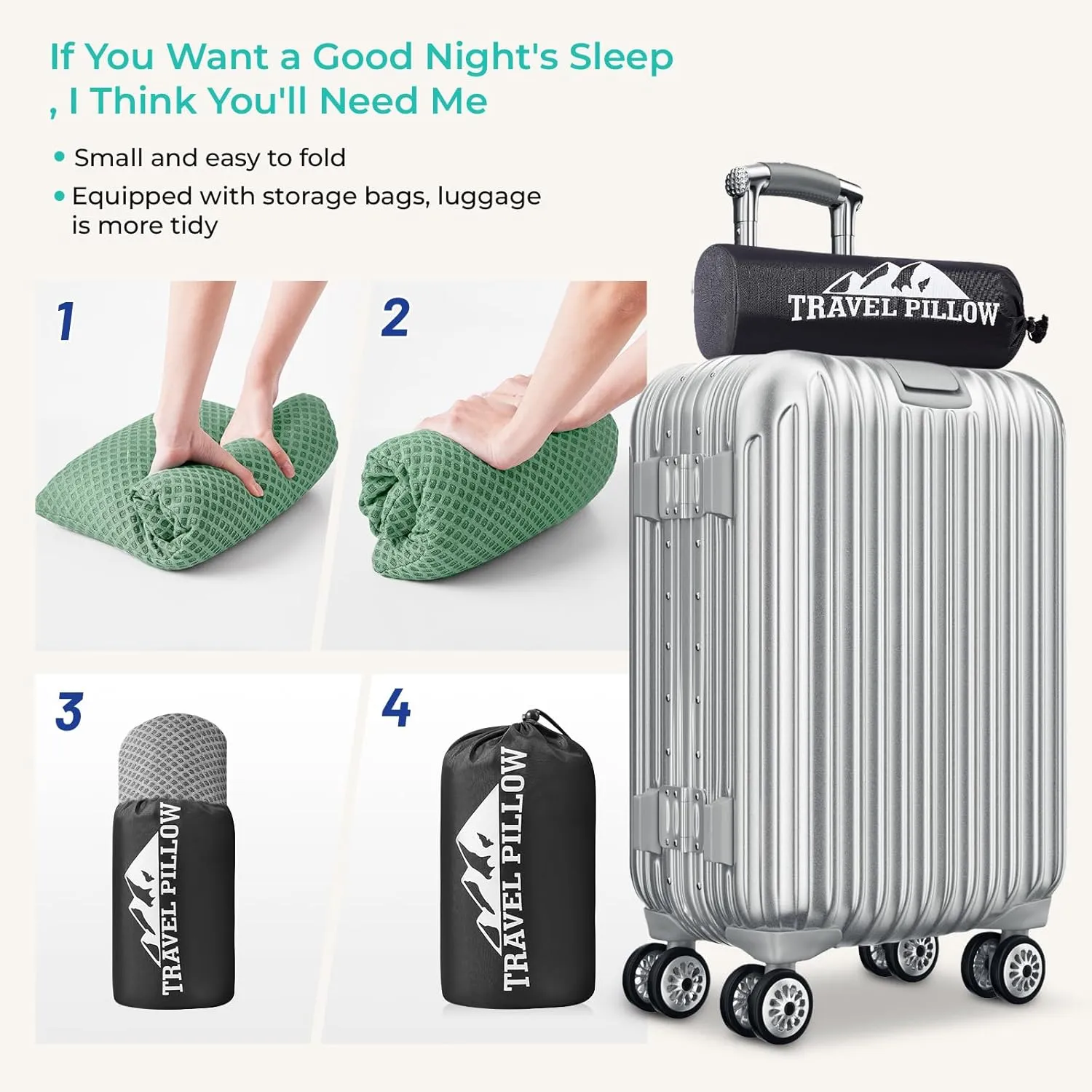 Travel Pillow Memory Foam Pillows, Camping Pillow- Compressible Medium Firm, Breathable Cover, Ideal Backpacking Hiking, Bed Pillows, Airplane and Car (Green, S)