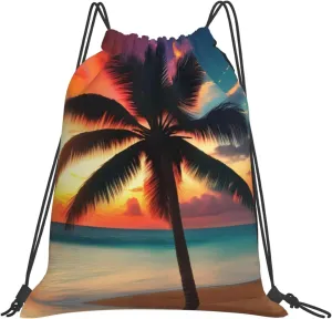 Tropical Beach Palm Tree Sunset print Casual drawstring backpack, lightweight and portable, fit for daily, sports and travel