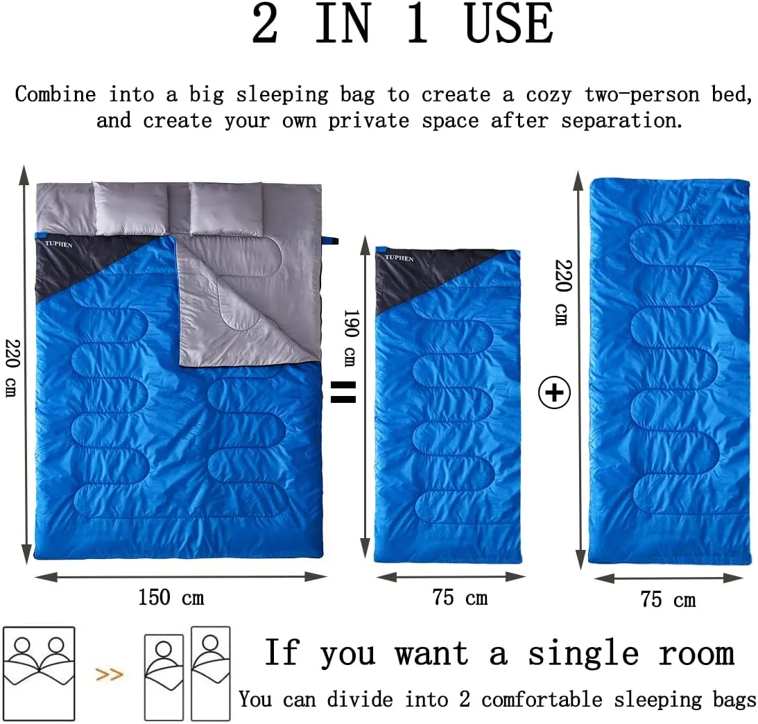 Tuphen Double Sleeping Bag, Sleeping Bag with 2 Pillows, Queen Size XL Bag for 2 People, Cold Warm Weather- 3 Seasons, Waterproof Adults for Camping, Backpacking or Hiking