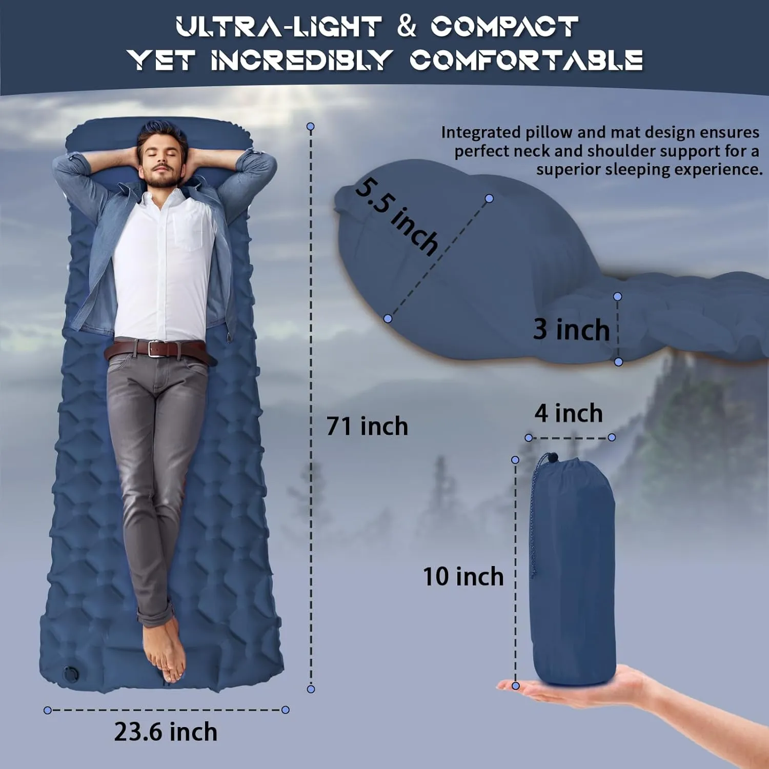 Ultra-Lightweight Inflatable Sleeping Pad for Camping - 30-Second Self-Inflating Camping Air Mattress with Built-in Pump and Pillow, Camping Pad for Backpacking, Hiking, Outdoor Adventures
