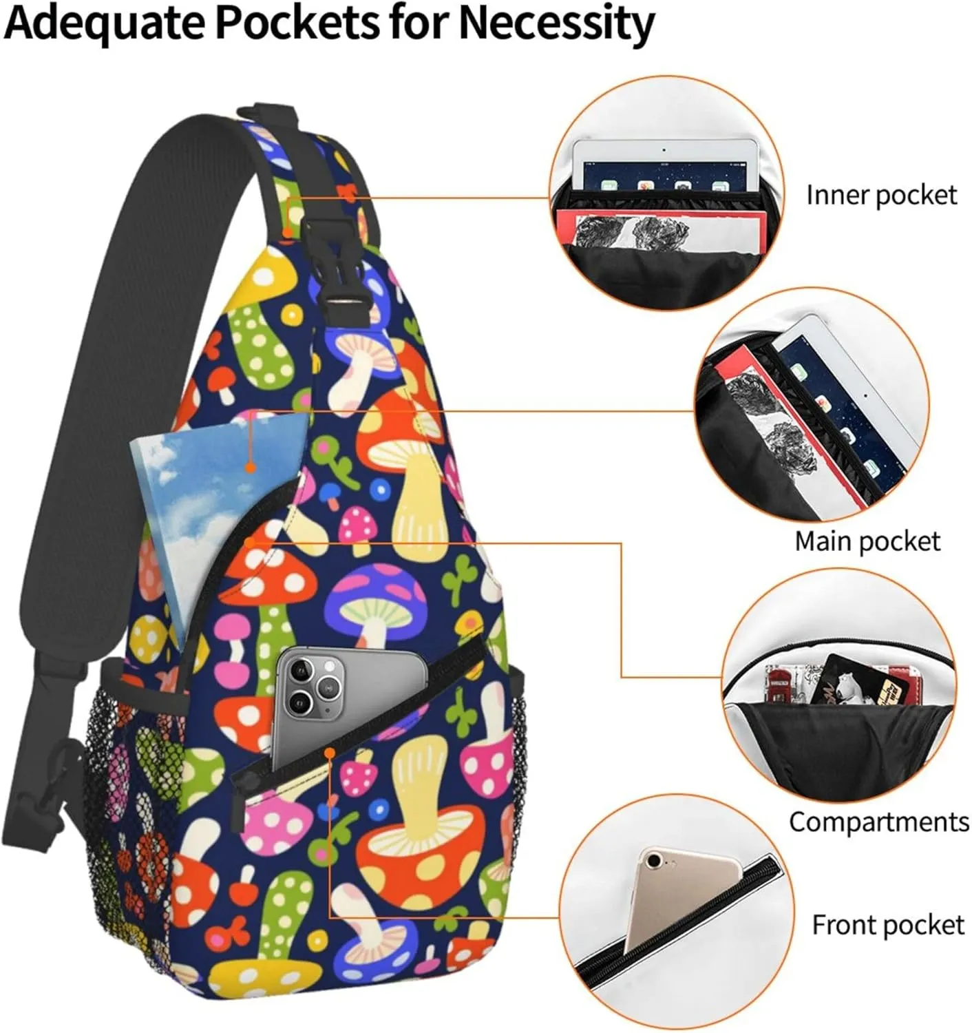 Ultra Lightweight Sling Shoulder Backpack Shoulder Crossbody Bag Chest Pack Multipurpose Anti-Theft Daypack for Outdoors Camping Hiking Trekking, Colorful Mushroom Art