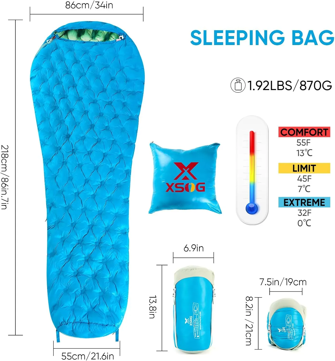 Ultralight Down Sleeping Bag for Adults, 1.92lbs 32-55F 650 Fill Down, Lightweight Compact Mummy Backpacking Sleeping Bag for Outdoor Camping and Hiking, Compressible -MFH500