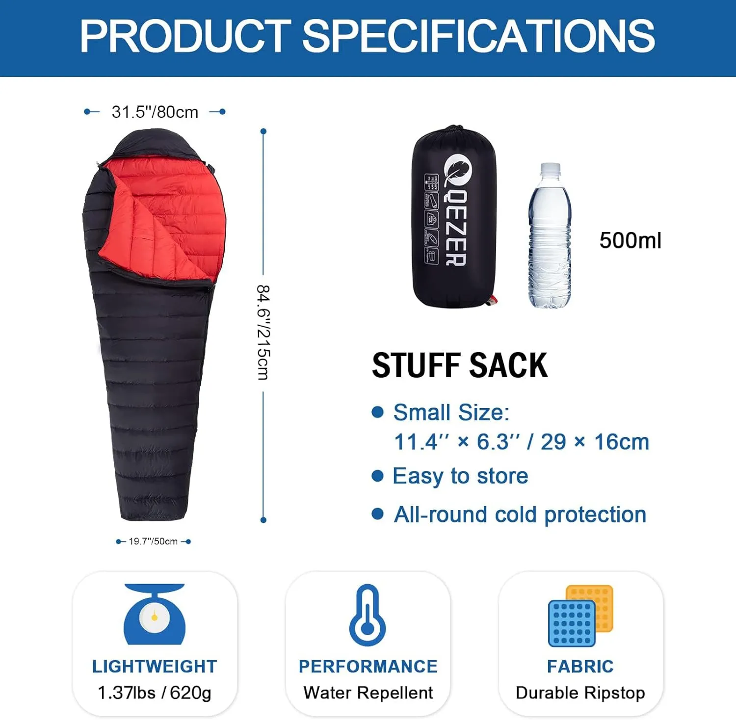 Ultralight Down Sleeping Bag for Adults with 600 Fill Power, Compact Sleeping Bag with Compression Sack for Backpacking, Hiking and Camping