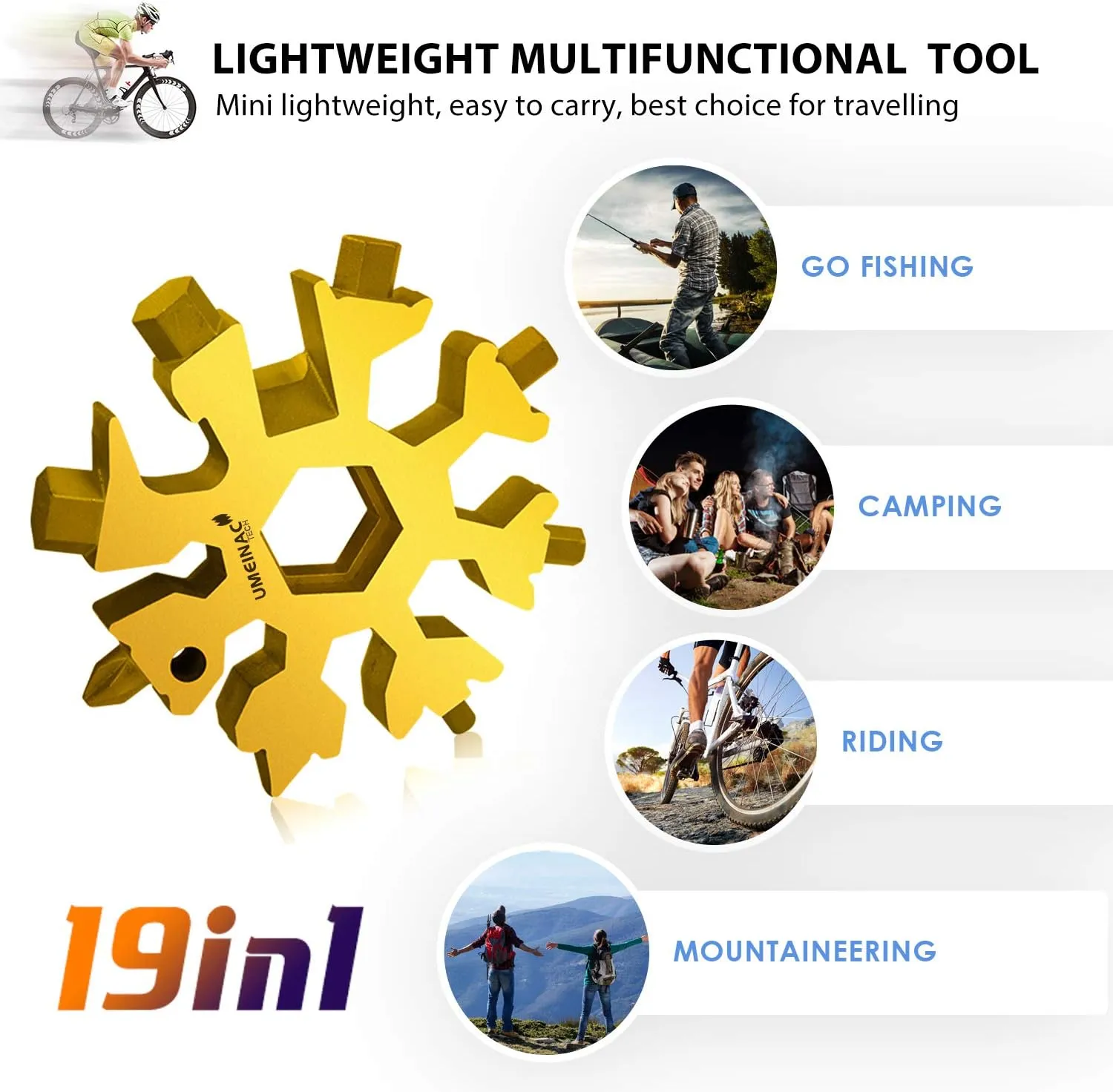 UMEINAC Snowflake Multitool, 19 in 1 Snowflake Multi-Tool, Portable Keychain Multitool Bottle Opener (Stainless Steel-Golden)