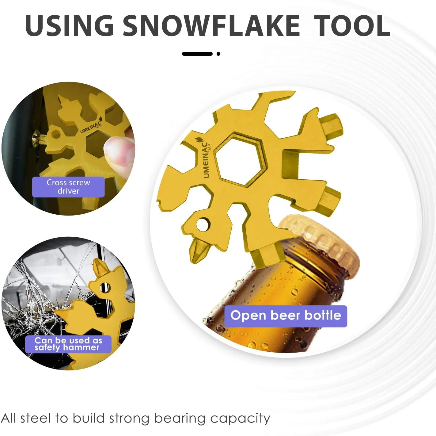 UMEINAC Snowflake Multitool, 19 in 1 Snowflake Multi-Tool, Portable Keychain Multitool Bottle Opener (Stainless Steel-Golden)