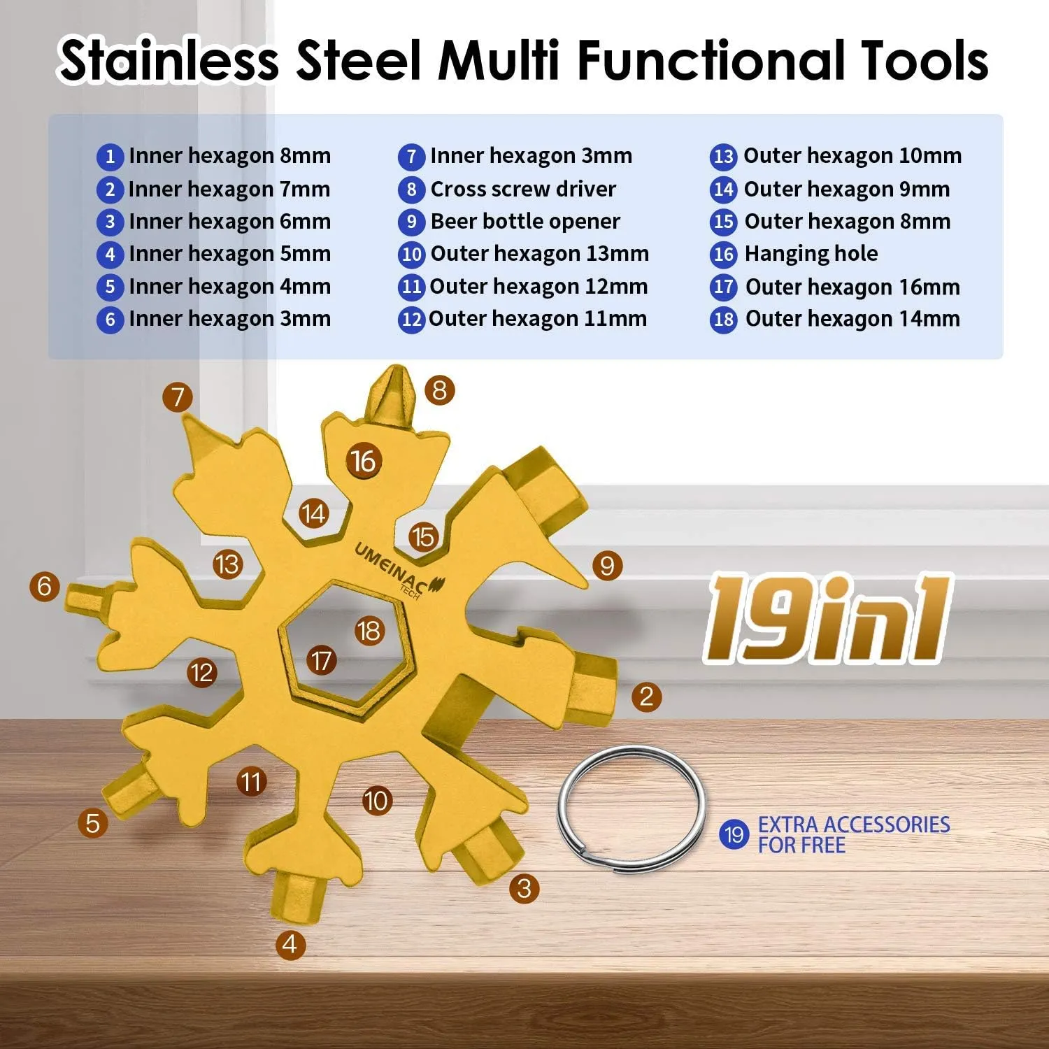 UMEINAC Snowflake Multitool, 19 in 1 Snowflake Multi-Tool, Portable Keychain Multitool Bottle Opener (Stainless Steel-Golden)