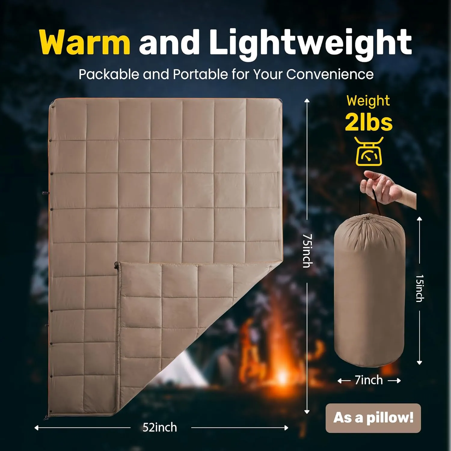 UNIKOME Outdoor Packable Camping Blanket, Lightweight Travel Blanket for Camping, Dual-Sides Puffy Down Alternative Camping Blanket with Snap Clasps, 75"×52", Brown