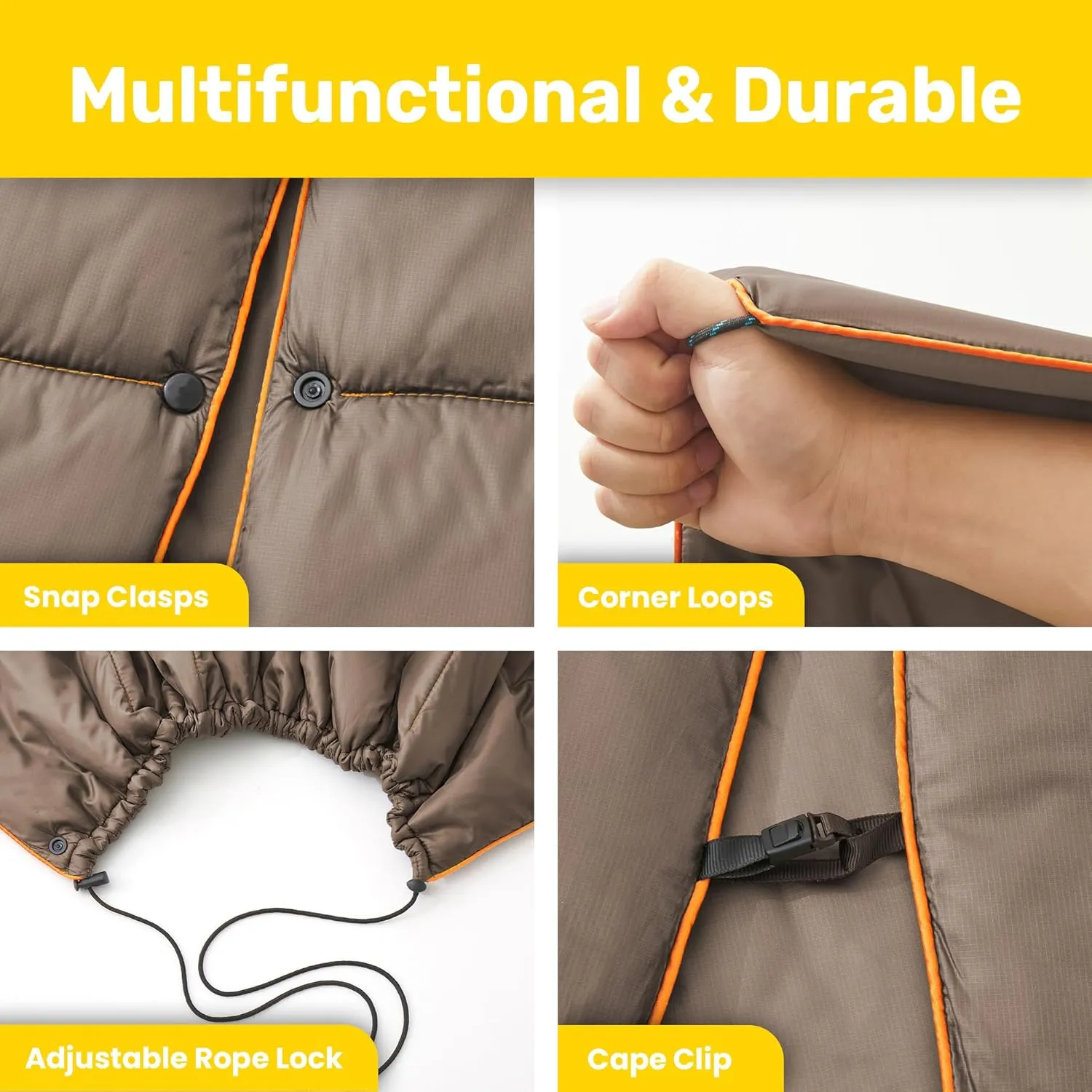 UNIKOME Outdoor Packable Camping Blanket, Lightweight Travel Blanket for Camping, Dual-Sides Puffy Down Alternative Camping Blanket with Snap Clasps, 75"×52", Brown