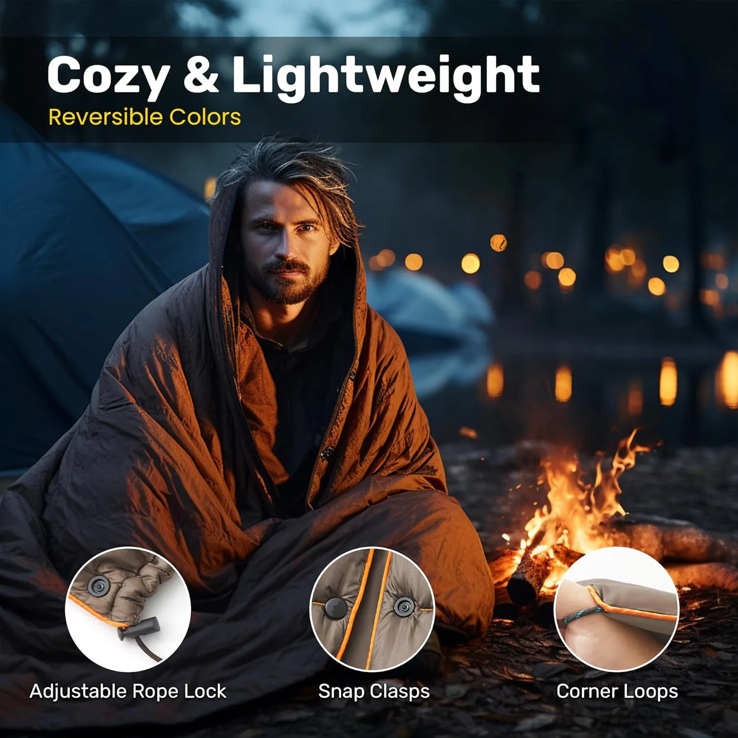UNIKOME Outdoor Packable Camping Blanket, Lightweight Travel Blanket for Camping, Dual-Sides Puffy Down Alternative Camping Blanket with Snap Clasps, 75"×52", Brown