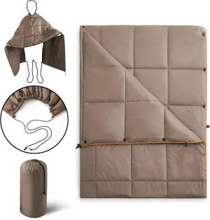 UNIKOME Outdoor Packable Camping Blanket, Lightweight Travel Blanket for Camping, Dual-Sides Puffy Down Alternative Camping Blanket with Snap Clasps, 75"×52", Brown