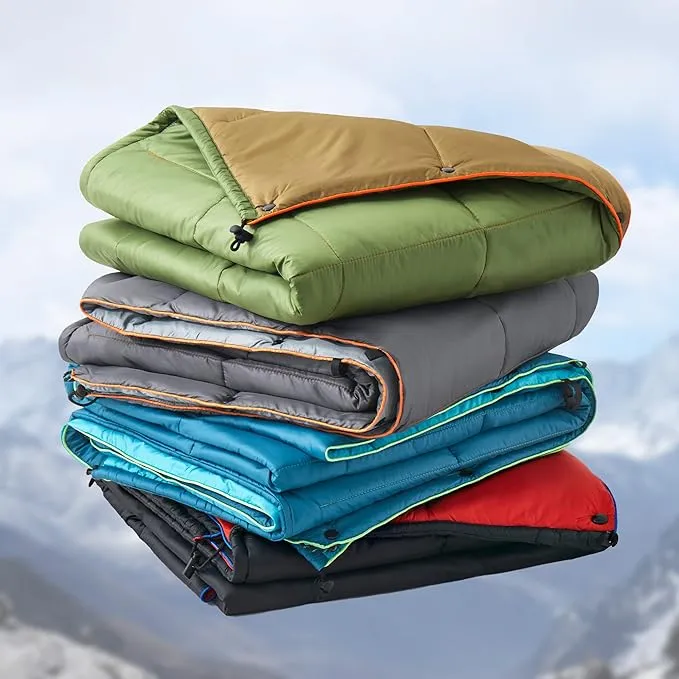 UNIKOME Outdoor Packable Camping Blanket, Lightweight Travel Blanket for Hiking, Camping, Dual-Sides Waterproof Puffy Down Alternative Camping Blanket with Snap Clasps, 75"×52", Grey&Light Grey